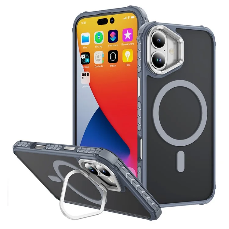 For iPhone 16 Plus Case with Lens Kickstand Matte Back Cover Compatible with MagSafe - Grey