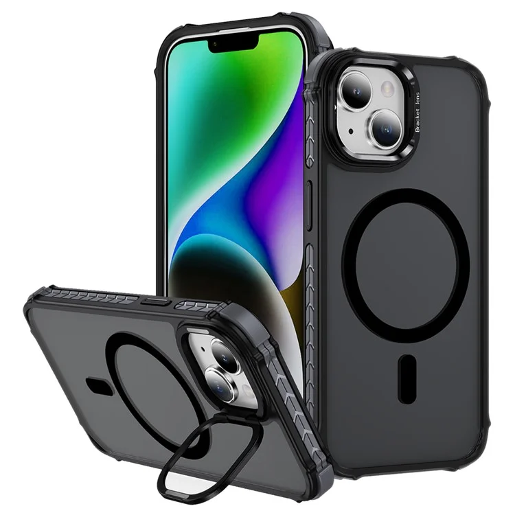 Étui pour iPhone 15 avec support de caméra et support Kickstand, coque arrière mate compatible avec MagSafe - Noir