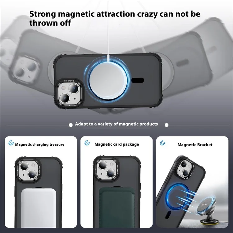 Étui pour iPhone 15 avec support de caméra et support Kickstand, coque arrière mate compatible avec MagSafe - Noir