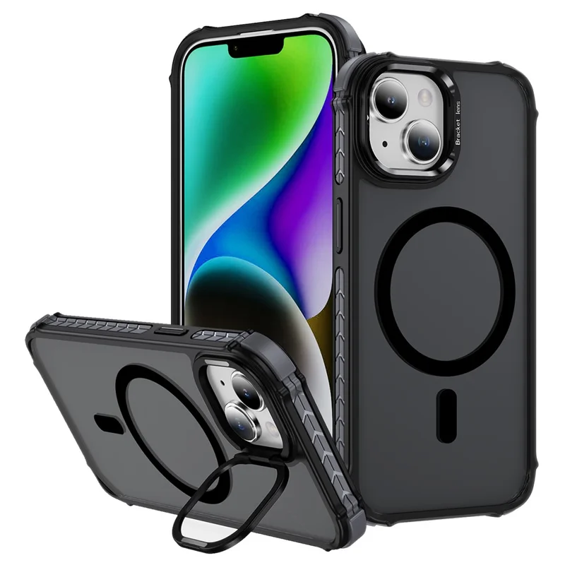 Custodia per iPhone 14 con supporto con treppiede e copertura posteriore opaca compatibile con MagSafe - Nero