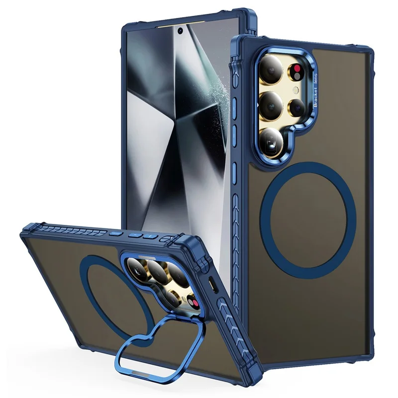 For Samsung Galaxy S24 Ultra Case with Lens Kickstand Matte Back Cover Magnetic Case - Blue