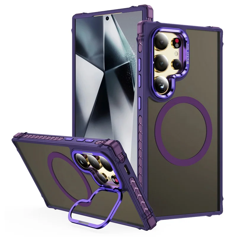 For Samsung Galaxy S24 Ultra Case with Lens Kickstand Matte Back Cover Magnetic Case - Purple