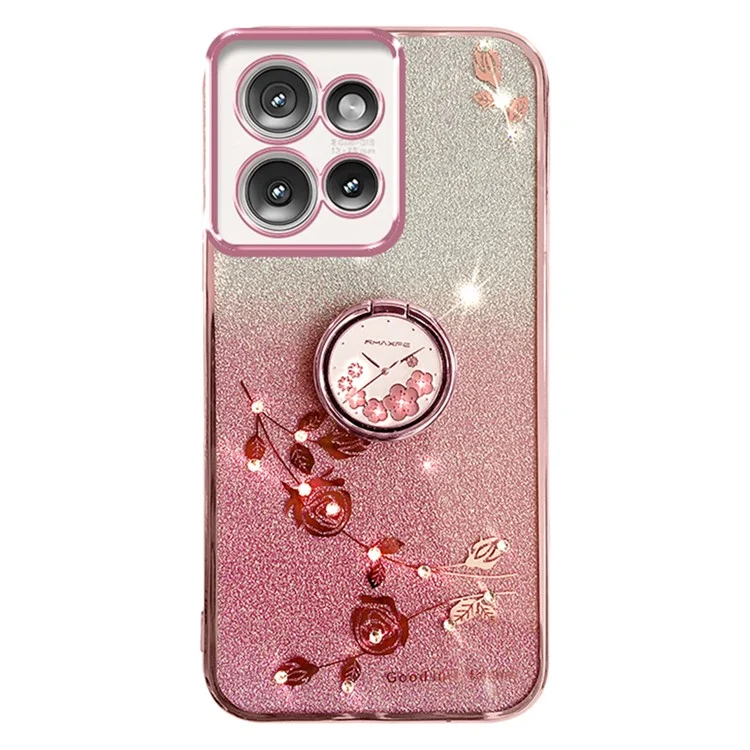 Kadem Für Motorola Edge 50 5G Hülle Ring Kickstand TPU Blumen Telefonabdeckungsverlauf Glitzer - Roségold