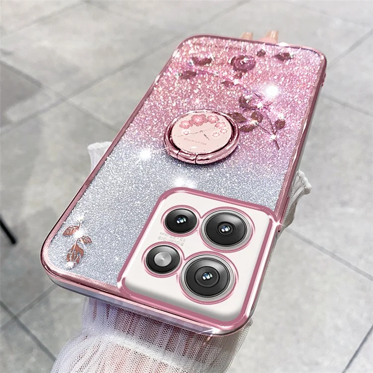 Kadem Für Motorola Edge 50 5G Hülle Ring Kickstand TPU Blumen Telefonabdeckungsverlauf Glitzer - Roségold