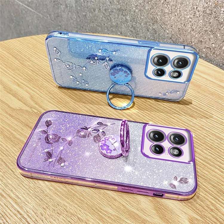 Kadem Für Motorola Edge 50 5G Hülle Ring Kickstand TPU Blumen Telefonabdeckungsverlauf Glitzer - Roségold