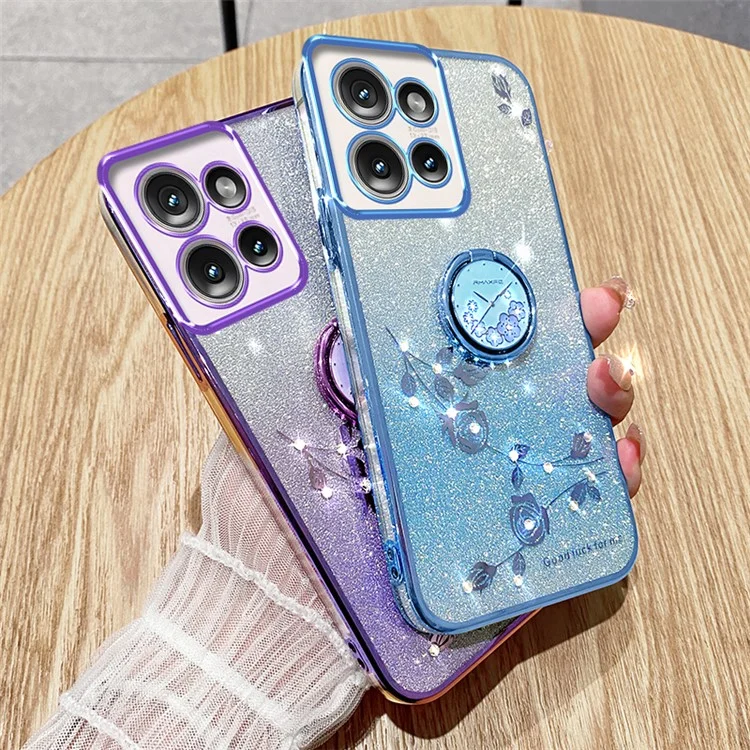 Kadem Für Motorola Edge 50 5G Hülle Ring Kickstand TPU Blumen Telefonabdeckungsverlauf Glitzer - Roségold