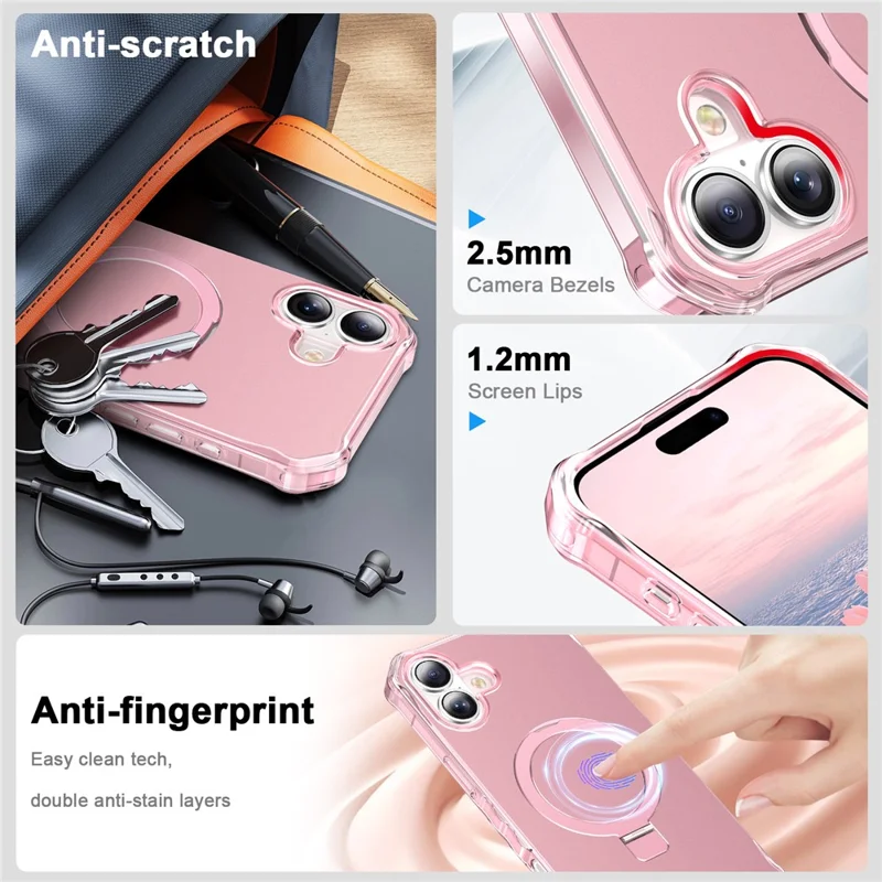 Case for iPhone 16 Plus with Small Ripple Edge, MagSafe Compatible, Anti-Drop PC+TPU Cover - Pink