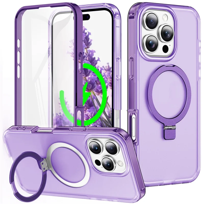 For iPhone 16 Pro Case Frosted TPU+PC Phone Cover with Magnetic Kickstand PET Screen Protector Compatible with MagSafe - Purple