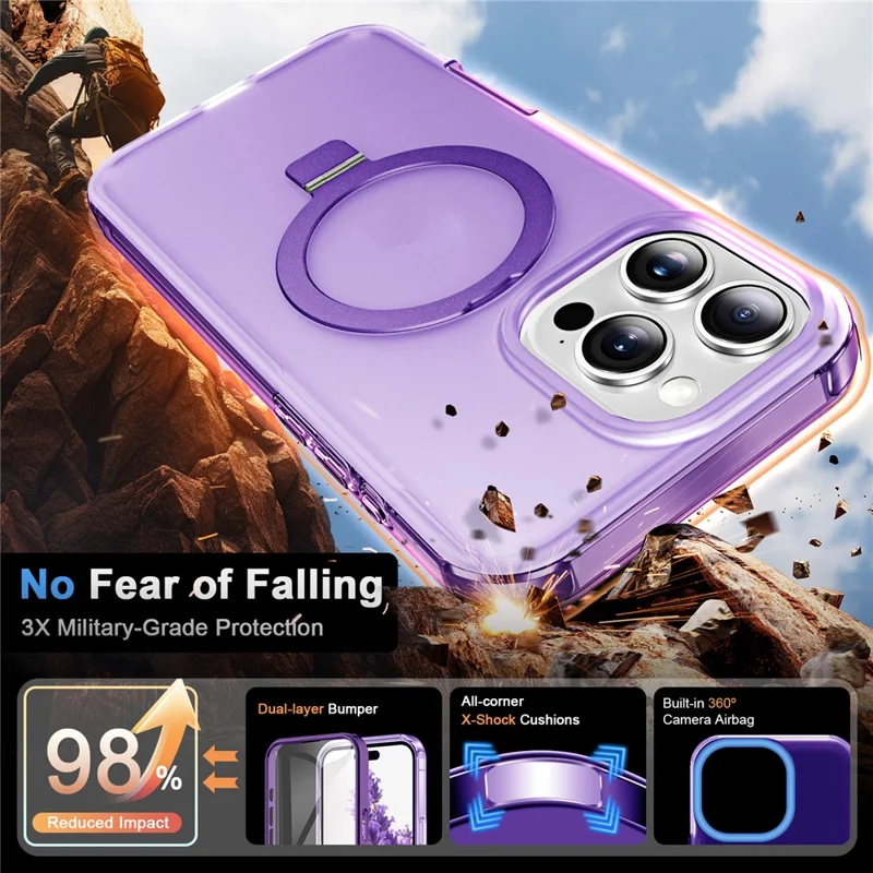 For iPhone 16 Pro Case Frosted TPU+PC Phone Cover with Magnetic Kickstand PET Screen Protector Compatible with MagSafe - Purple