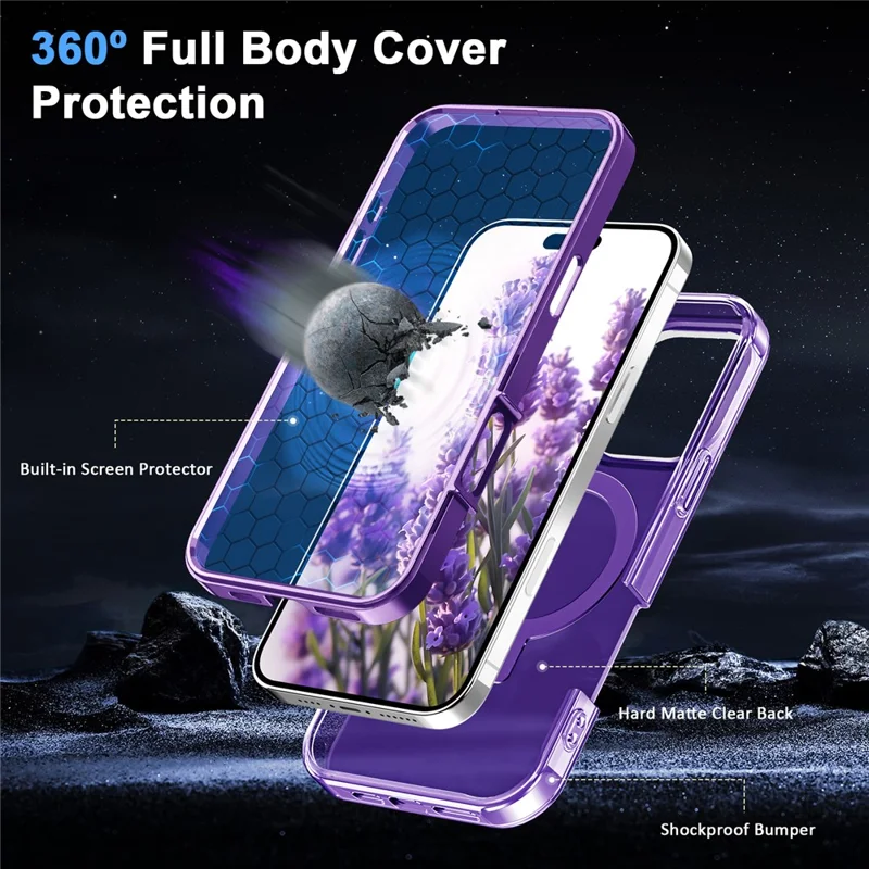 For iPhone 16 Pro Case Frosted TPU+PC Phone Cover with Magnetic Kickstand PET Screen Protector Compatible with MagSafe - Purple