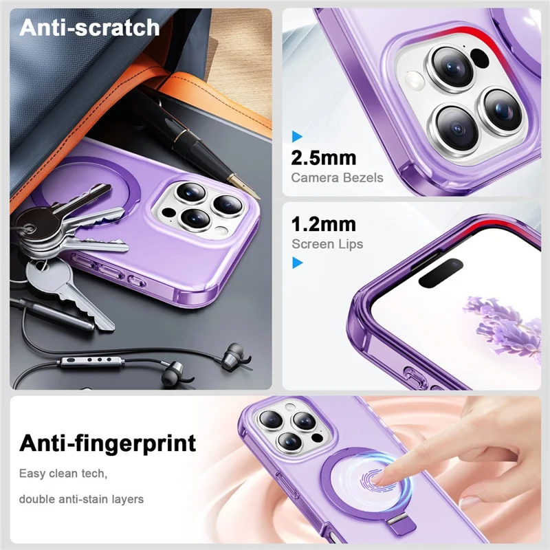 For iPhone 16 Pro Case Frosted TPU+PC Phone Cover with Magnetic Kickstand PET Screen Protector Compatible with MagSafe - Purple