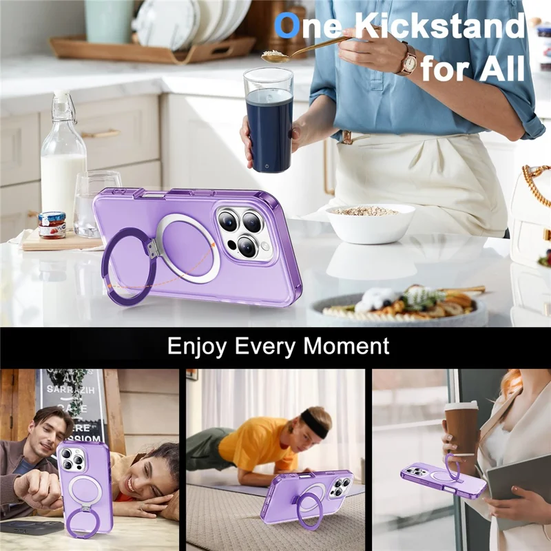 For iPhone 16 Pro Case Frosted TPU+PC Phone Cover with Magnetic Kickstand PET Screen Protector Compatible with MagSafe - Purple