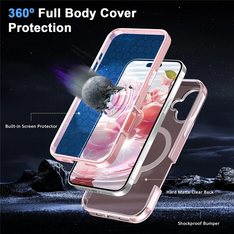 For iPhone 16 Case Frosted TPU+PC Phone Cover with Magnetic Kickstand PET Screen Protector Compatible with MagSafe - Pink