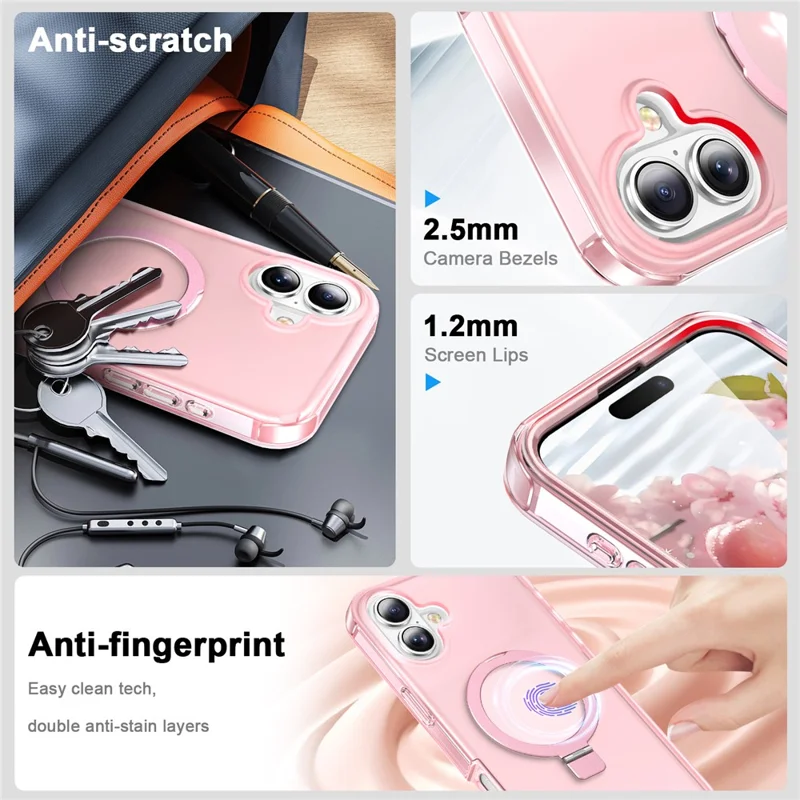 For iPhone 16 Case Frosted TPU+PC Phone Cover with Magnetic Kickstand PET Screen Protector Compatible with MagSafe - Pink