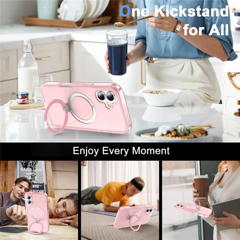 For iPhone 16 Case Frosted TPU+PC Phone Cover with Magnetic Kickstand PET Screen Protector Compatible with MagSafe - Pink