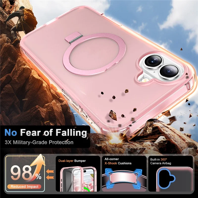 Para Iphone 16 Plus Case Frosted TPU+PC Tampo Com pc Com um Protetor de Tela de Estimação de Kickstand Magnético Compatível Com MagSafe - Rosa