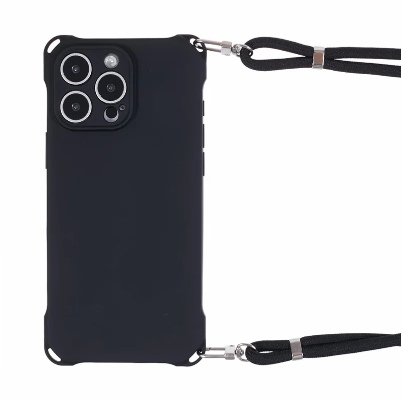For iPhone 16 Pro Max Case Four Corner Anti Drop TPU Phone Cover with Hanging Rope - Black