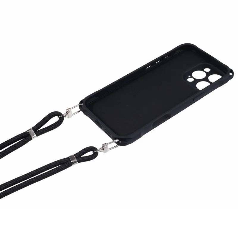 For iPhone 16 Pro Max Case Four Corner Anti Drop TPU Phone Cover with Hanging Rope - Black