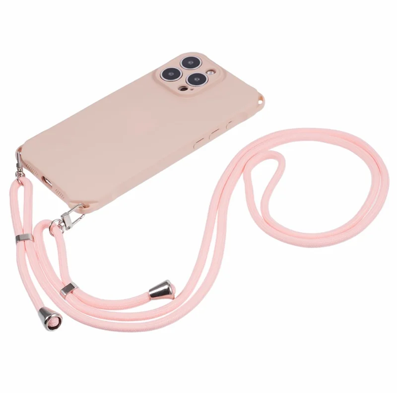 For iPhone 16 Pro Max Case Four Corner Anti Drop TPU Phone Cover with 150cm Hanging Rope - Pink