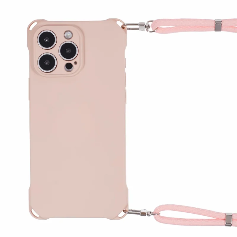 For iPhone 16 Pro Max Case Four Corner Anti Drop TPU Phone Cover with 150cm Hanging Rope - Pink
