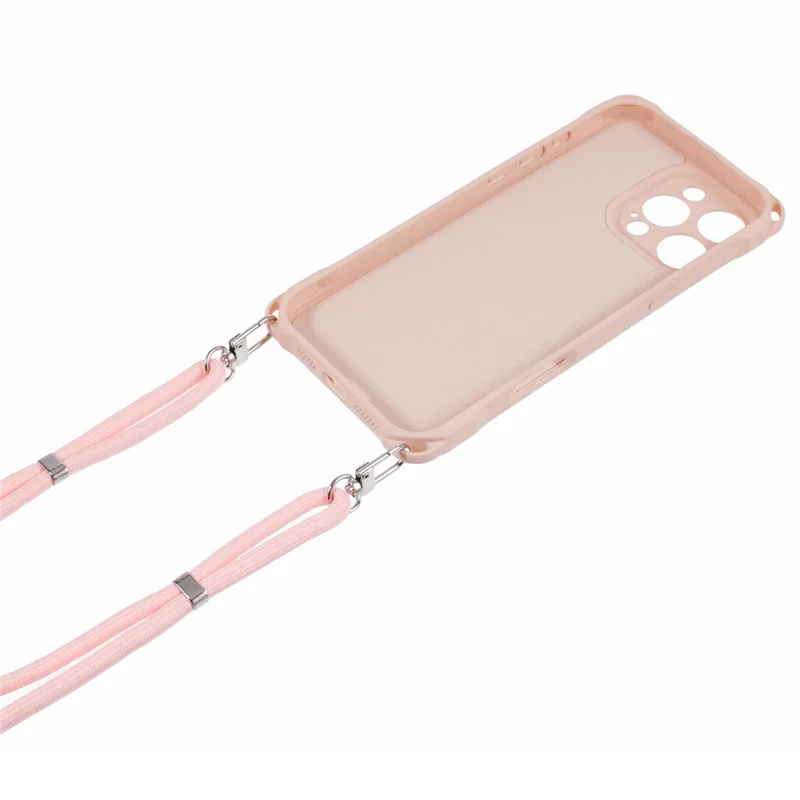 For iPhone 16 Pro Max Case Four Corner Anti Drop TPU Phone Cover with 150cm Hanging Rope - Pink