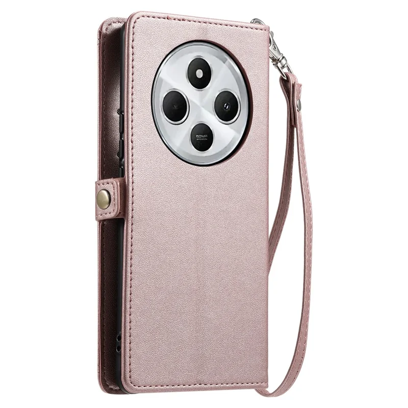 For Xiaomi Poco C75 4G / Redmi 14R 5G / 14C 4G Leather Case with Wrist Strap Wallet Stand Phone Cover - Rose Gold