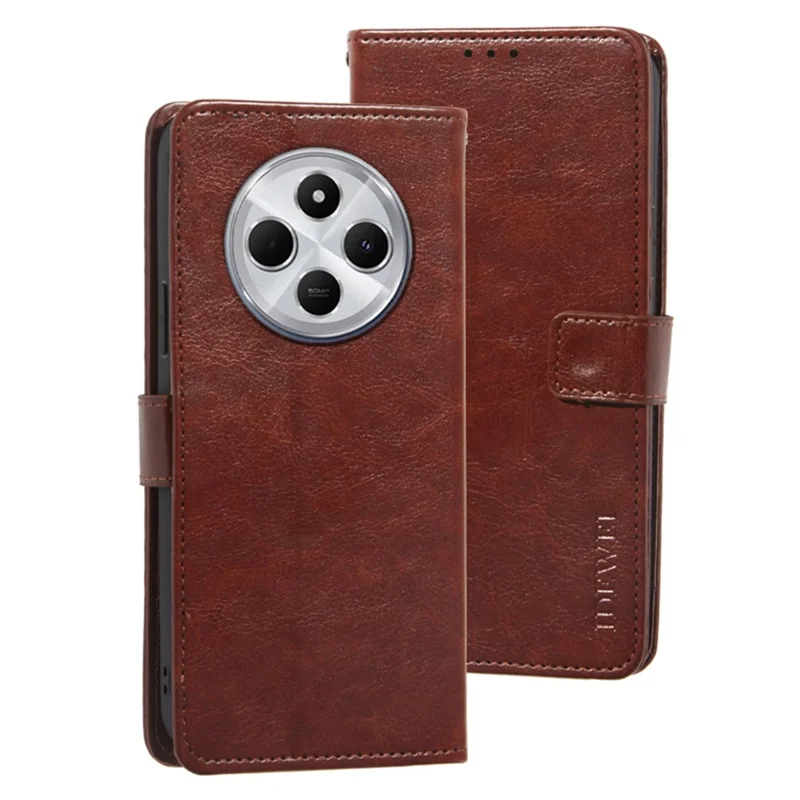 Idewei Para Xiaomi Redmi 14C 4G Stand Case Crazy Horse Texture Cuero Cover - Marrón