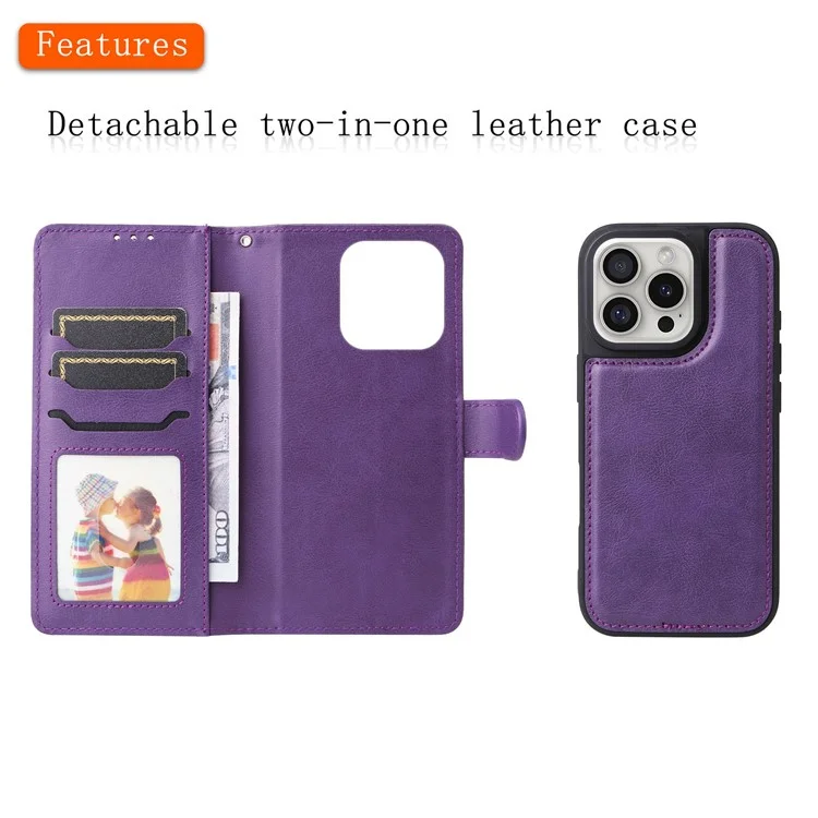 KT Leather Series-3 Для Iphone 16 Pro Case Cake Leather 2 в 1 на 1 в Кошельке. - Фиолетовый