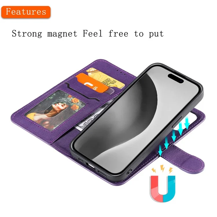 KT Leather Series-3 Для Iphone 16 Pro Case Cake Leather 2 в 1 на 1 в Кошельке. - Фиолетовый