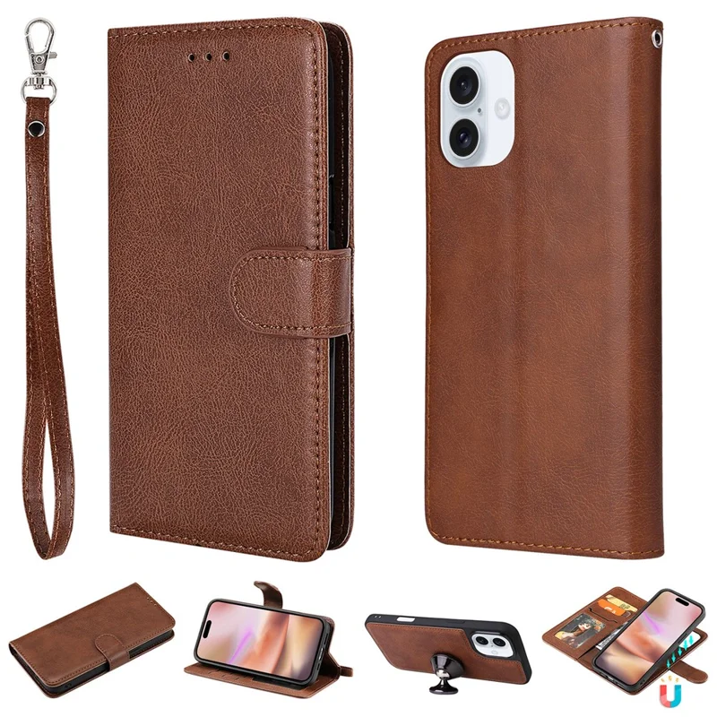 For iPhone 16 Plus Case 2 in 1 Detachable Magnetic Leather Wallet Mobile Cover with Strap - Brown