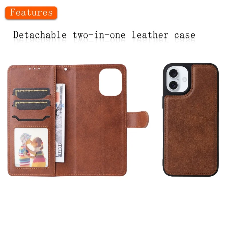For iPhone 16 Plus Case 2 in 1 Detachable Magnetic Leather Wallet Mobile Cover with Strap - Brown