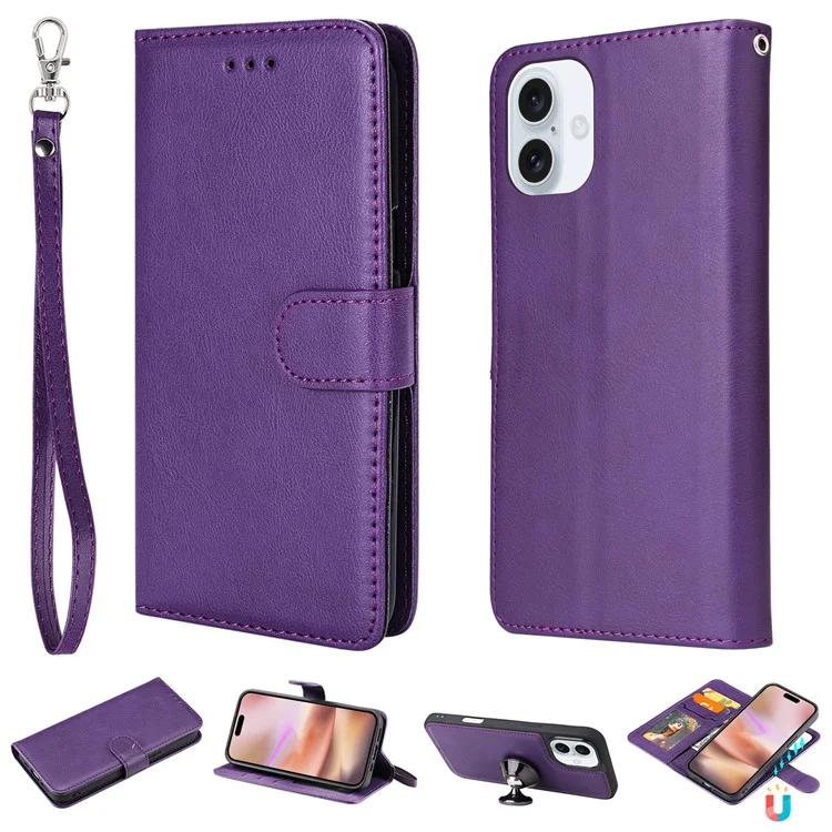 KT Leather Series-3 Per iPhone 16 Custodia in Pelle PU 2 in 1 Custodia Portafoglio Telefono Magnetica Staccabile - Viola