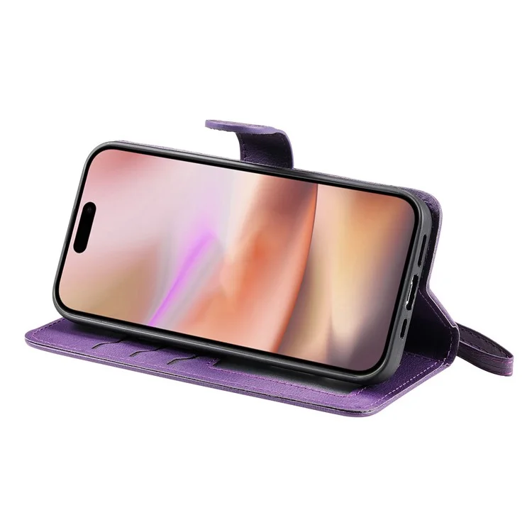 KT Leather Series-3 Per iPhone 16 Custodia in Pelle PU 2 in 1 Custodia Portafoglio Telefono Magnetica Staccabile - Viola