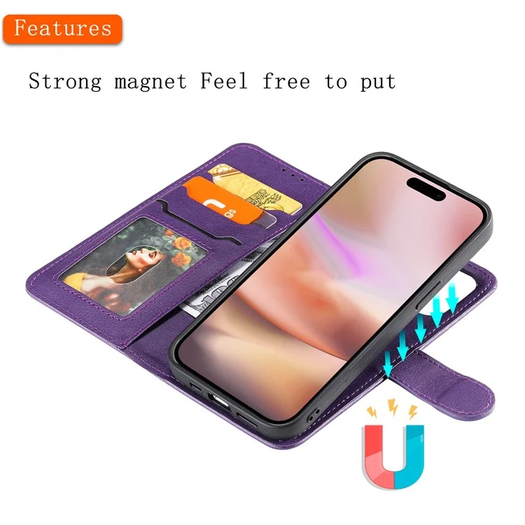 KT Leather Series-3 Per iPhone 16 Custodia in Pelle PU 2 in 1 Custodia Portafoglio Telefono Magnetica Staccabile - Viola