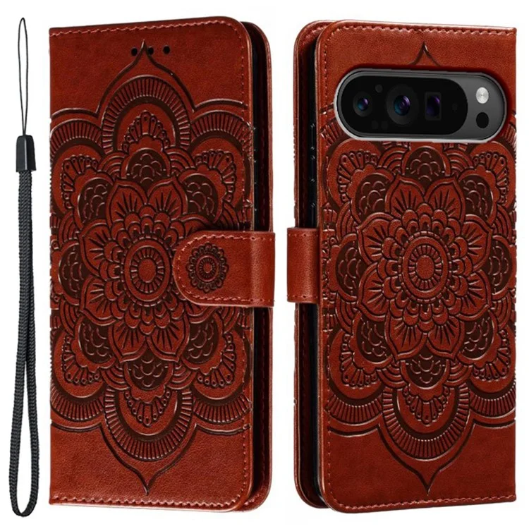 Per Google Pixel 9 Pro XL Case PU Leather Mandala Exprinted Design Wallet Cover Del Telefono - Marrone
