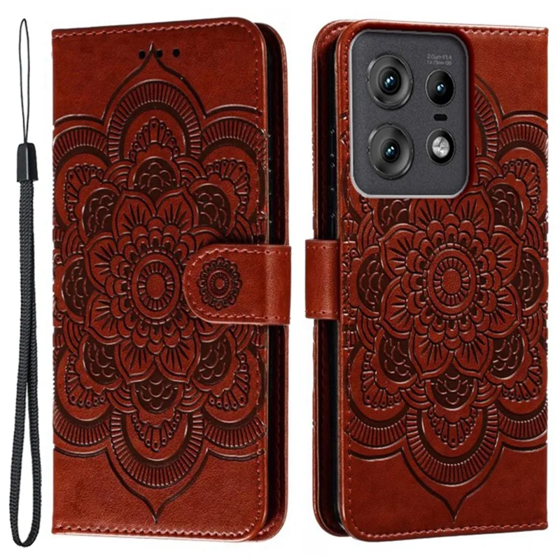 For Motorola Edge 50 Pro 5G Case PU Leather Mandala Imprinted Design Wallet Phone Cover - Brown