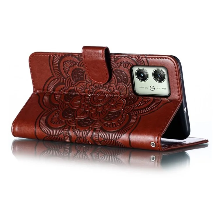 For Motorola Moto G54 5G Case PU Leather Mandala Imprinted Design Wallet Phone Cover - Brown