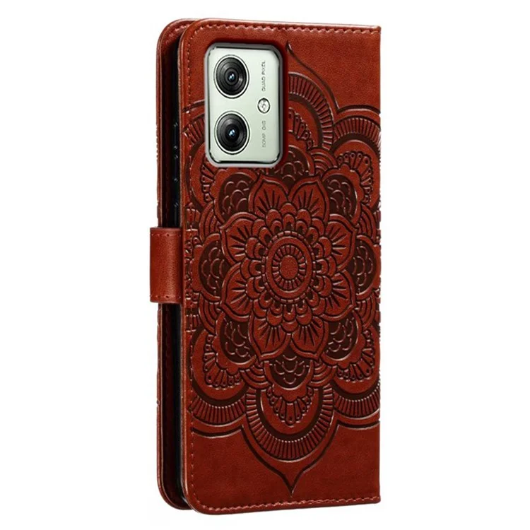 For Motorola Moto G54 5G Case PU Leather Mandala Imprinted Design Wallet Phone Cover - Brown