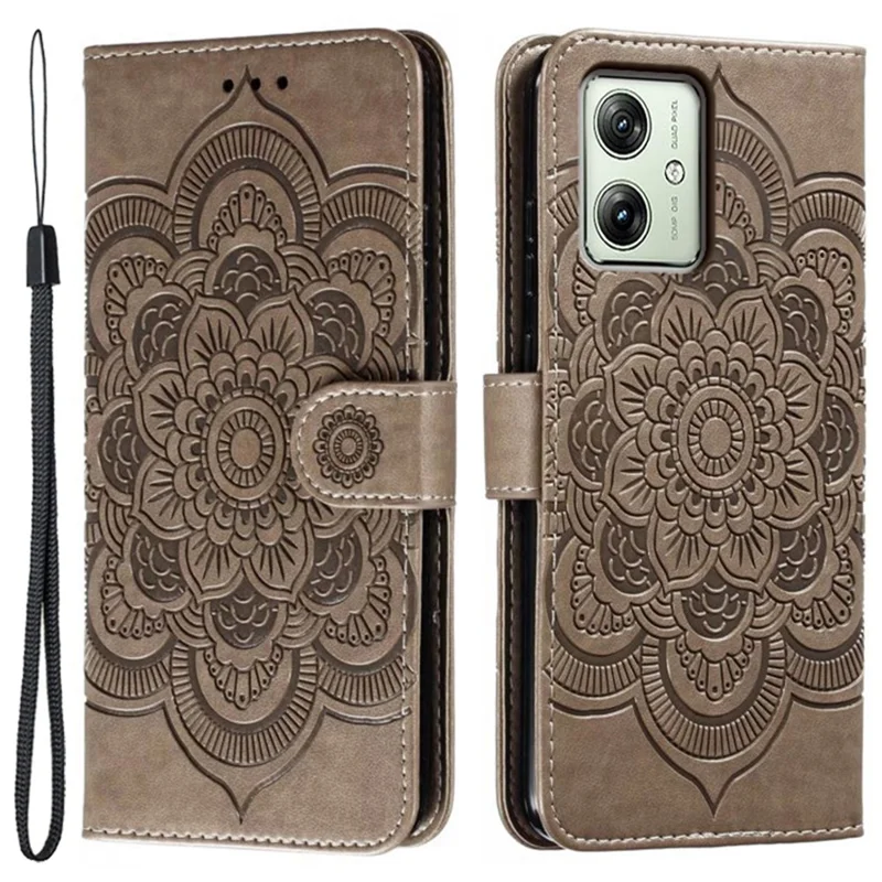 For Motorola Moto G54 5G Case PU Leather Mandala Imprinted Design Wallet Phone Cover - Grey