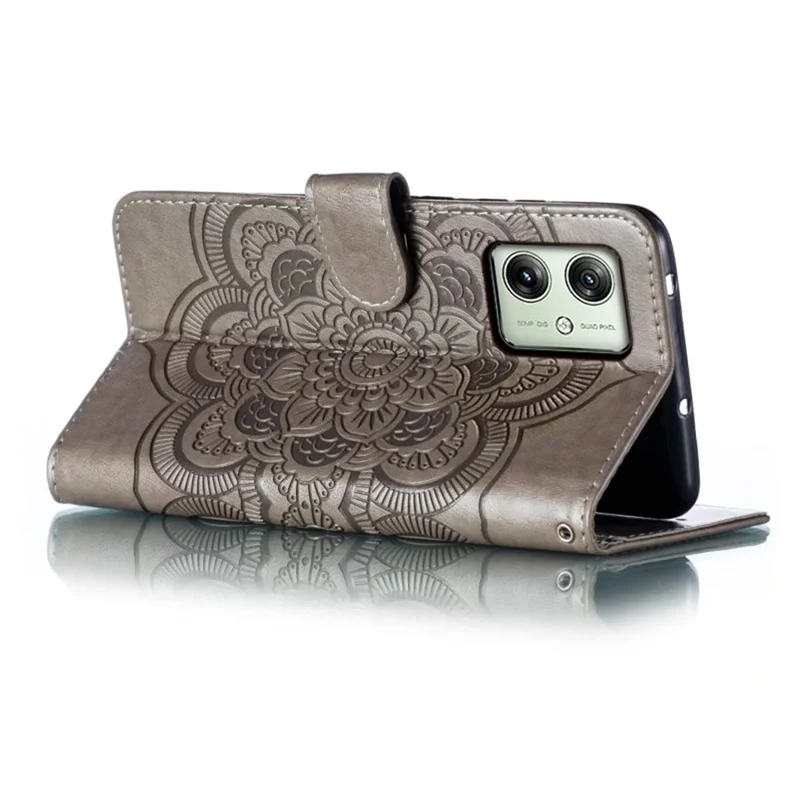For Motorola Moto G54 5G Case PU Leather Mandala Imprinted Design Wallet Phone Cover - Grey