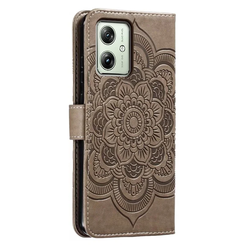 For Motorola Moto G54 5G Case PU Leather Mandala Imprinted Design Wallet Phone Cover - Grey