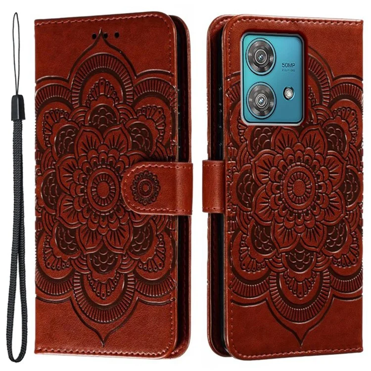 For Motorola Edge 40 Neo 5G Case PU Leather Mandala Imprinted Design Wallet Phone Cover - Brown