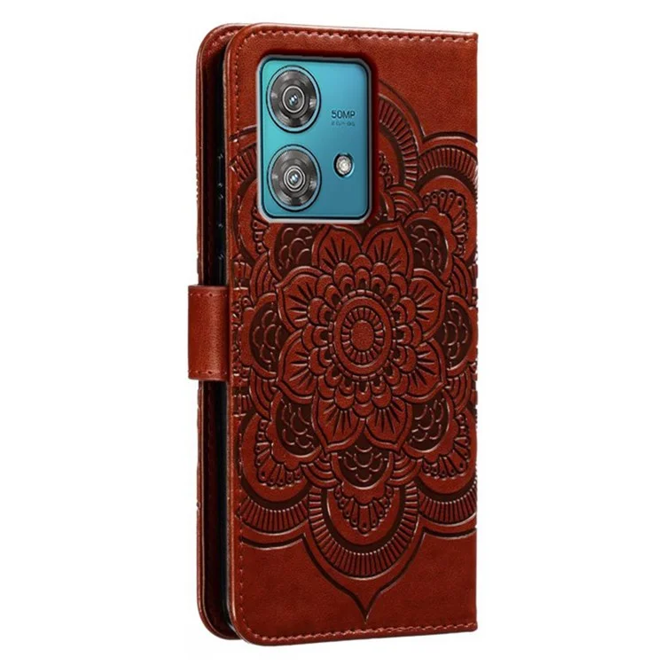 For Motorola Edge 40 Neo 5G Case PU Leather Mandala Imprinted Design Wallet Phone Cover - Brown