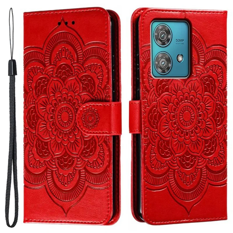 For Motorola Edge 40 Neo 5G Case PU Leather Mandala Imprinted Design Wallet Phone Cover - Red
