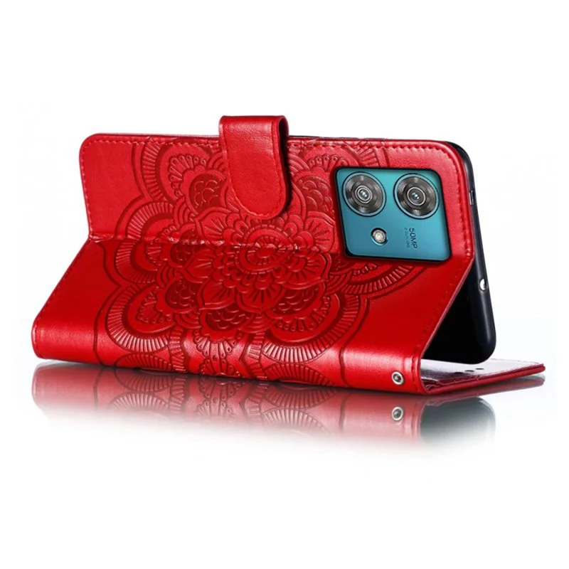 For Motorola Edge 40 Neo 5G Case PU Leather Mandala Imprinted Design Wallet Phone Cover - Red