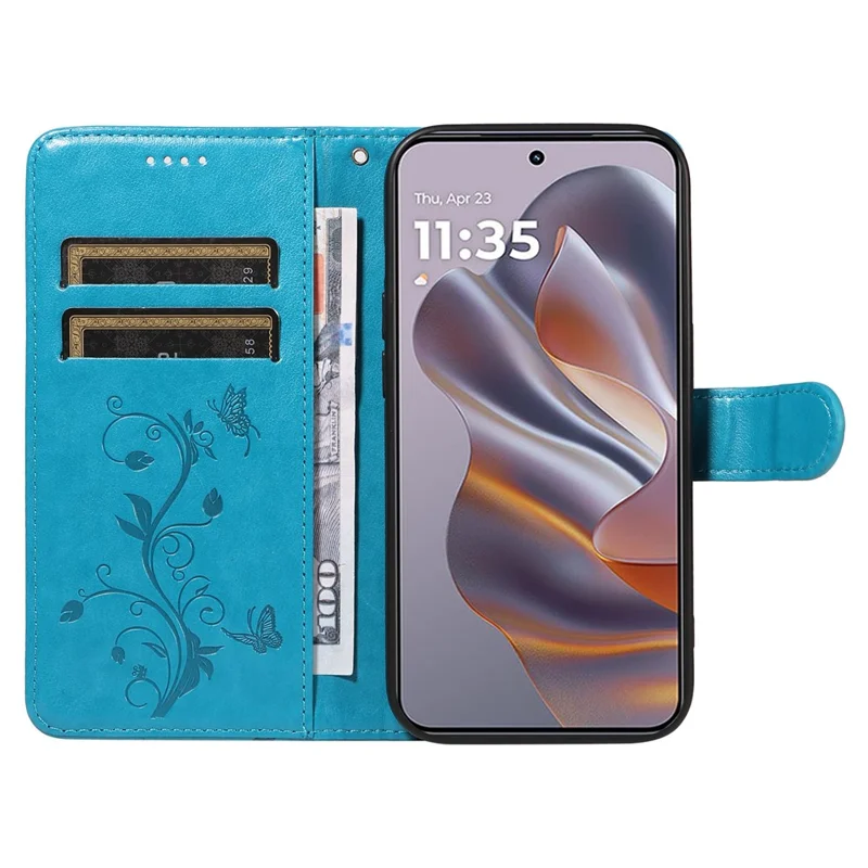För Motorola Edge 50 Neo 5G / Moto S50 5G / Thinkphone 25 5G PU-läder Etui Blommönster Plånbok Ställbara Mobilhölle med Rem - Blå