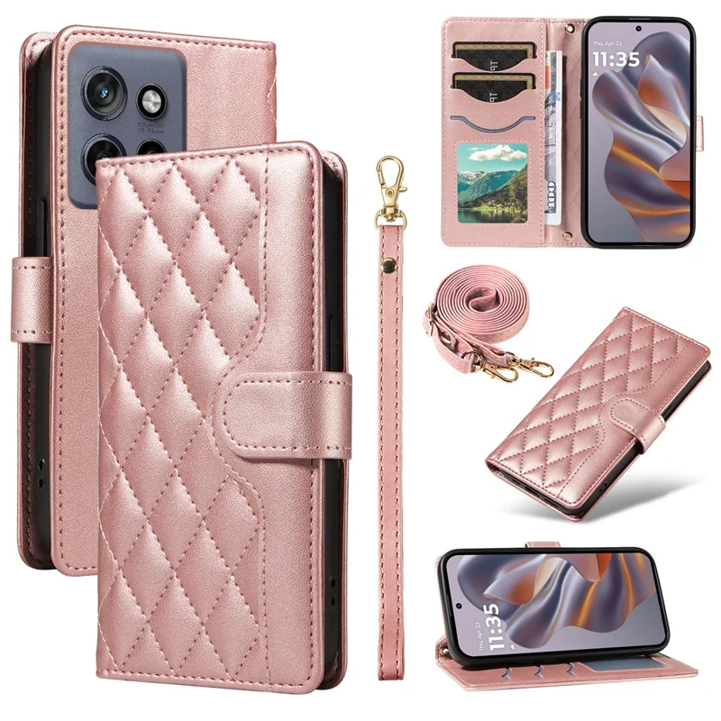For Motorola Edge 50 Neo 5G / Moto S50 5G / Thinkphone 25 5G Case Wallet Rhombus Leather Phone Cover with Shoulder Strap, Wrist Strap - Rose Gold