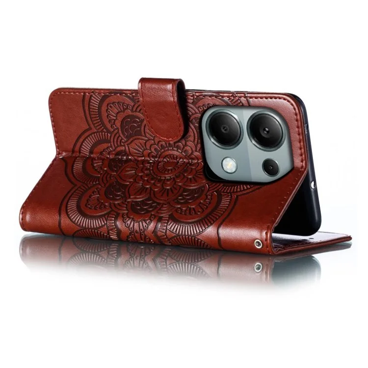 For Xiaomi Poco M6 Pro 4G / Redmi Note 13 Pro 4G Case PU Leather Mandala Imprinted Design Wallet Phone Cover - Brown