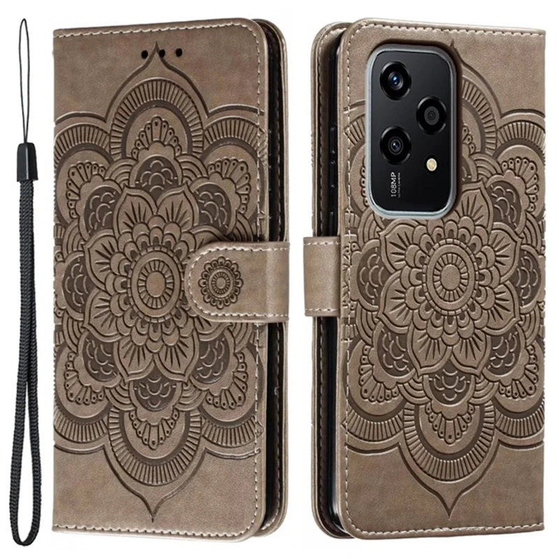 For Honor 200 Lite Case PU Leather Mandala Imprinted Design Wallet Phone Cover - Grey