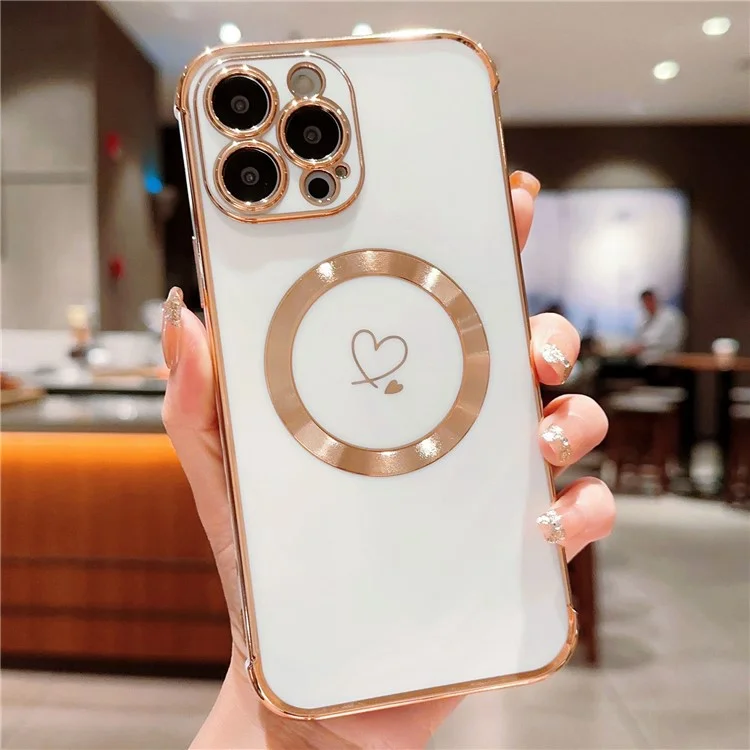 Para Iphone 15 Pro Case Compatible Con Magsafe Electroplacado TPU Telephone Cover Hollow Love Hearts - Blanco Marfil